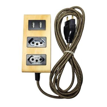 Imagem de Extensão Decorativa de Madeira 2 Tomadas 2 USB Cabo 150cm Bivolt 10A Régua Elétrica Decoração Organização Mycena Studio