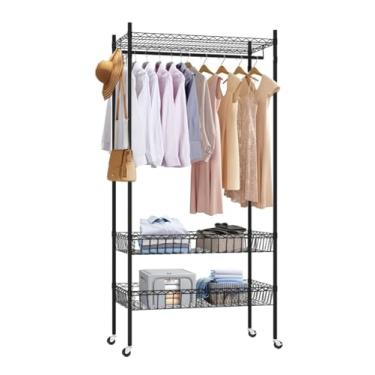 Imagem de MRRcute Arara de roupas com prateleiras, armário independente para pendurar roupas, organizadores de armário e pendurar de armazenamento, cabide de metal ajustável, suporte de roupas resistente,