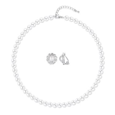 Imagem de Aleasha Conjunto de brincos de colar de pérolas falsas brancas de 8 mm e 10 mm para mulheres brincos de zircônia de vidro redondo para noivas joias de casamento presentes, 8mm, Vidro, Pérola sintética