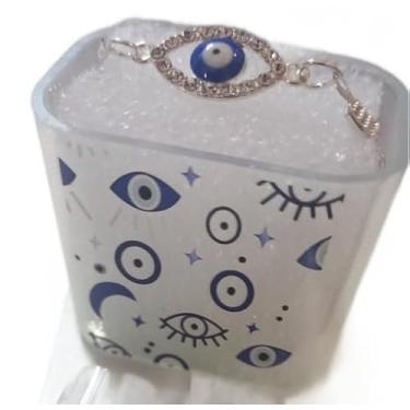 Imagem de Kit Pulseira com cristais e Porta-Carregador Decorado, Azul e Prata, brilhante, de olho Grego. pulseira feminina, pulseira olho grego