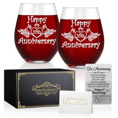 Imagem de Perfectinsoy Conjunto de taças de vinho Happy 10th Anniversary com cartão de memória metálico, presente de casamento de 10º aniversário para mãe, pai, esposa, alma gêmea, casal, presente de marco