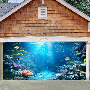 Imagem de Capa de porta de garagem sob o mar, decoração de banner, pano de fundo 2,4 x 4,9 m, grande mundo subaquático, peixes tropicais, luz solar, fundo do mar, porta de garagem, tema submarino, festa de