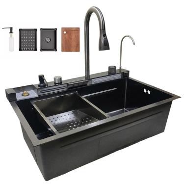 Imagem de Cuba Gourmet Inox Premium Pia Inteligente Cozinha Torneira Cascata Agua Quente Fria Painel Digital Monocomando Dispenser Limpador de Copo