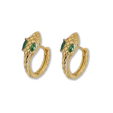Imagem de Brincos de argola de cobra folheados a ouro 14 K com olhos de cristal verde, design de cobra, argolas de abraço, coleção de joias de estilo vintage, grande, cobre, zircônia cúbica, Large, Cobre,