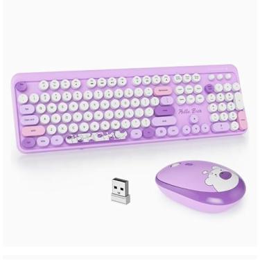 Imagem de Teclado Com Mouse Sem Fio Vintage Bear USB - Lilás Retrô Teclas Redondas