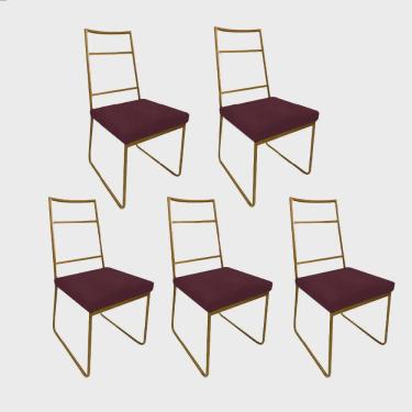 Imagem de Kit 05 Cadeiras Sala de Jantar Escritório Office Stark Industrial Ferro Dourado Suede Bordô - Ahz Móveis
