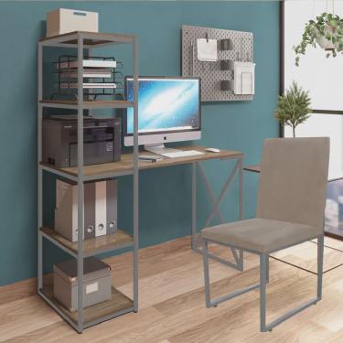 Imagem de Kit Escritório Mesa Max BeX 5 Prateleiras e Cadeira Stan Cinza Tampo Imbuia Suede Bege - Ahz Móveis