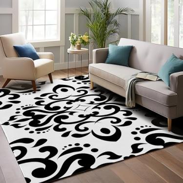 Imagem de Tapetes florais abstratos preto e branco para sala de estar, lavável, 12 x 18 cm, grande, antiderrapante, macio, tapete baixo para quarto, escritório, entrada, sala de jantar, berçário