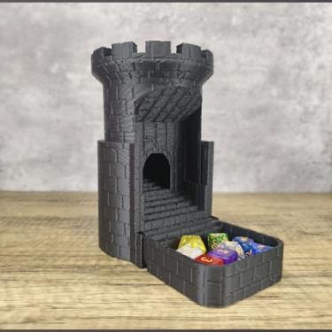 Imagem de MunnyGrubbers - Torre de Dados Auto-Carregável - Design de Castelo - 7 Dados D20 Aleatórios Inclusos - D&D, RPG - Preto
