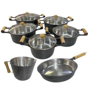 Imagem de Jogo de Panelas Preta em Alumínio Batido Fundido 7 Peças Craquelada Grossa com Tampa de Vidro