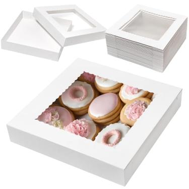 Imagem de Mefleet 20 Caixas De Padaria 14X14X2,5 Com Janela Para Tortas, Confeitaria, Bolos, Cupcakes, Donuts, Biscoitos, Muffins, Embalagens Guloseimas, Brancas, Quadradas Grandes