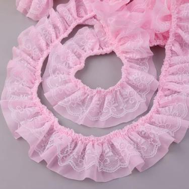 Imagem de GXTIZAS Fita de tule de renda rosa de chiffon plissado de camada dupla com 6 cm de largura, acabamento elástico, sem rugas, caixa para costura DIY, roupas, decoração de fronhas (5 jardas)