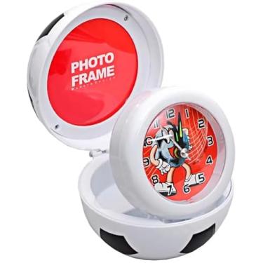Imagem de Relógio Despertador Decorativo Formato Bola de Futebol, Design Infantil, 16cm Aberto, 10cm Fechado, Branco e Preto