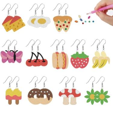 Imagem de beinkmake 12 pares de brincos bonitos pintados de diamante 5D kit de fabricação de brincos de queijo ovos pizza cereja borboleta joias DIY diamante arte kit de brincos para adultos artesanato