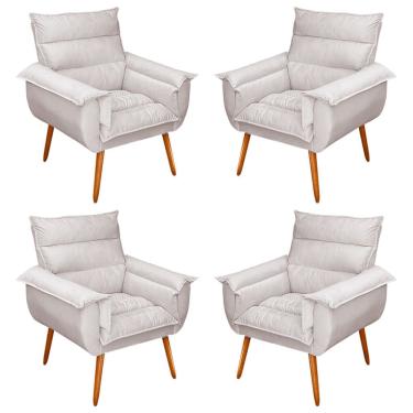 Imagem de Kit 04 Poltronas Decorativas Modernas Sala e Recepção Monza Pés Palito Veludo Bege - Abmaza