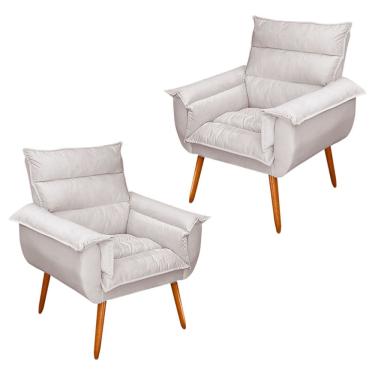 Imagem de Kit 02 Poltronas Decorativas Modernas Sala e Recepção Monza Pés Palito Veludo Bege - Abmaza
