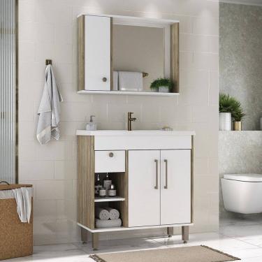 Imagem de Armário de Banheiro Patina 3 Portas 1 Gaveta com Cuba Branco/Carvalho Cartagena - Ozini Móveis