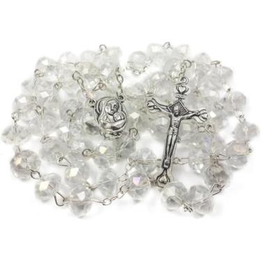 Imagem de Nazareth Store Rosário de contas de cristal branco transparente com medalha de solo sagrado e rosário de comunhão com cruz de Jesus