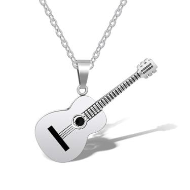 Imagem de AILUOR Colar masculino com corrente ajustável estilo hip hop música titânio aço etiqueta com pingente de guitarra joia presente personalizado Prata