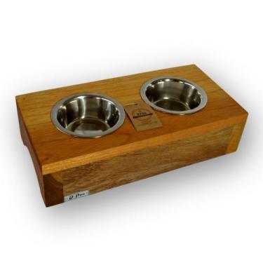Imagem de Comedouro Para Pets Duplo Elevado Inox e Madeira - tudoumpoucostore