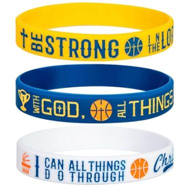 Imagem de Sainstone Pulseiras de silicone com versículo bíblico de basquete Power of Faith com escrituras inspiradoras Mateus 19:26, Filipenses 4:13, Efésios 6:10, presentes motivacionais para guerreiros