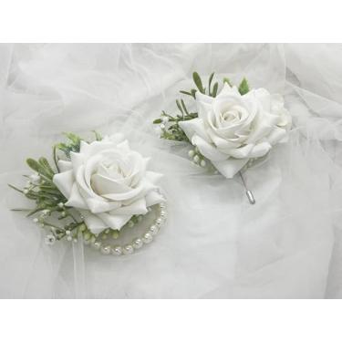 Imagem de Ting&Cecilly Conjunto de corpete e flor na lapela de casamento, decorações de flores rosas para formatura, acessórios de terno (branco)