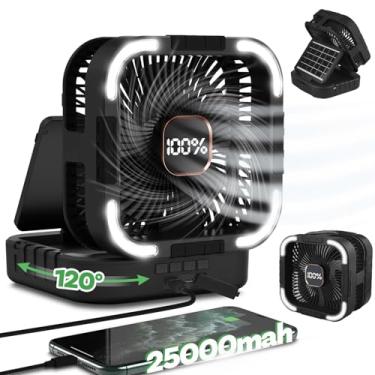 Imagem de Maraiss Ventilador solar de 25000 mAh, ventilador de acampamento solar recarregável de oscilação de 120° com lanterna de LED, 6 velocidades ajustáveis, ventiladores portáteis alimentados por bateria