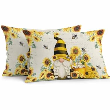Imagem de UPedBed Capas de almofada Farmhouse Gnomo Outdoor Impermeáveis, Almofadas de madeira de girassol, capas de almofada decorativas para móveis de pátio, banco de sofá de jardim, conjunto de 2, fronhas de