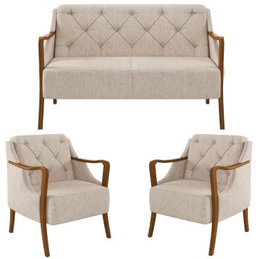 Imagem de Kit Namoradeira 135cm E 2 Poltronas Decorativas Capitonê Lapa M22 Linho Cru Liso - Mpozenato