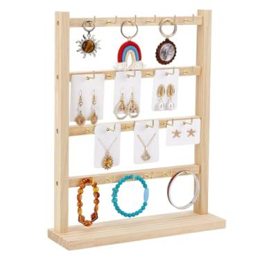 Imagem de PH PandaHall Suportes de exibição de brincos, expositores de joias para fornecedores com 24 ganchos, 4 camadas, organizador de joias de madeira para vendedores, brincos, cartões, colares, pulseiras