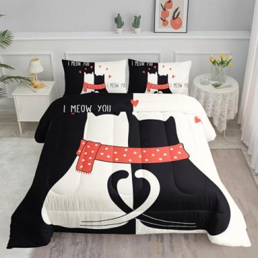 Imagem de Smell Sunshine Conjunto de edredom de desenho animado de gato preto e branco com 1 edredom e 2 fronhas para quarto de meninos e meninas em todas as estações (gatos 3 solteiros)