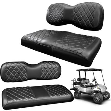 Imagem de PZWLI Kit de capas de assento de carrinho de golfe com bolso, capa de assento de substituição de vinil dianteiro e traseiro, sem grampeador, preto (para Yamaha Drive/Drive2 banco dianteiro e traseiro)