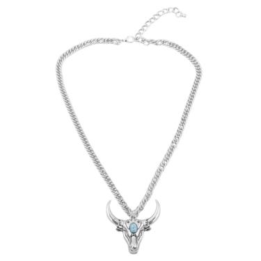 Imagem de Dtja Colar com pingente de touro turquesa vintage para homens, banhado a prata, punk, cabeça de boi, pingentes de corrente de elos unissex, acessórios de fantasia de aniversário, férias, joias