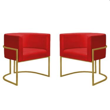 Imagem de Kit 2 Poltronas Reforçadas Decorativa Sala Nayara Base Ferro Dourado Suede Vermelho
