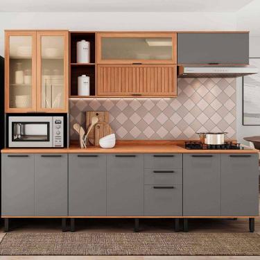Imagem de Cozinha Completa Castanha 12 Portas 2 Gavetas Ripado com Vidro Cinza/Freijó - Telasul