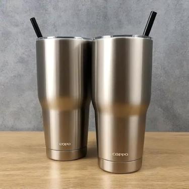 Imagem de Copo Térmico Parede Dupla em Aço Inox Bege 700ml com Canudo - Estilo Casual