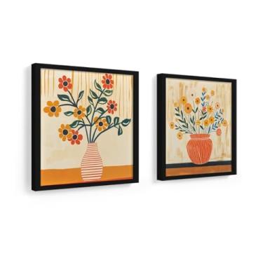 Imagem de Kit 2 quadros decorativos flores, vasos, pintura, vidro (Preto)