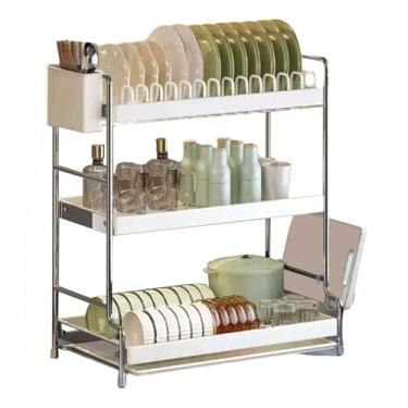 Imagem de JUSHZ Escorredor de pratos escorredor de pia de metal com suporte de talheres para economia de espaço, prateleira de tábua de corte de bancada com bandeja coletora (prata, 50 x 24 x 50 cm)