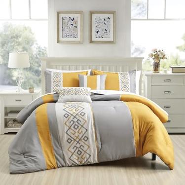 Imagem de ESCA Conjunto de edredom e lençol Bed-in-a-Bag Nelsey amarelo e cinza, conjunto de cama em saco bordado - Cal King Size