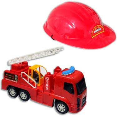 Imagem de Kit Caminhão Bombeiro Capacete Brinquedo Menino Educativo Personagem (firerescue)