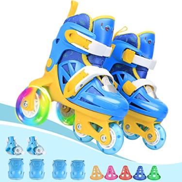 Imagem de Patins infantis de quatro patins para meninas, meninos, com tamanho ajustável, freios duplos e rodas luminosas e equipamentos de proteção, 3 pontos de equilíbrio para iniciantes, para ambientes internos e externos (azul brilhante, PP)