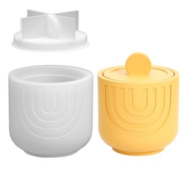 Imagem de Frasco redondo listrado com tampa molde de silicone, tigela de armazenamento elíptico feito à mão, molde de vela de resina, vaso de flores de concreto, anéis de cimento de gesso faça você mesmo, molde