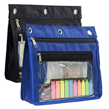 Imagem de YoeeJob Pacote com 2 bolsas de lápis expansíveis de 2,5 cm com janela transparente para fichário de 3 anéis, adequado para escola e escritório (preto + azul)