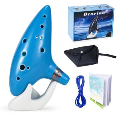 Imagem de VixxNoxx Zelda Ocarina 12 furos alto C, réplica Ocarina of Time, instrumentos de cura sonora para iniciantes adultos com suporte de exibição tutorial (azul celeste)