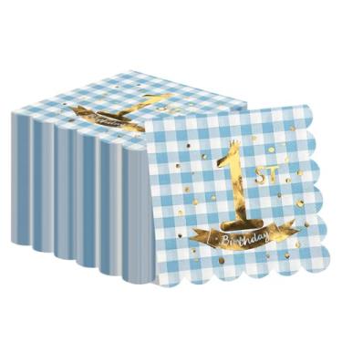 Imagem de 100 guardanapos descartáveis de feliz primeiro aniversário para meninos, HATIST16,5 x 16,5 polegadas, guardanapos de coquetel dobrados descartáveis para homens e mulheres, decorações de mesa de festa