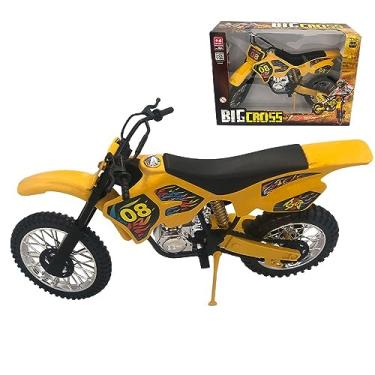 Imagem de Moto de Motocross Big Cross de Brinquedo, 36 cm, Amarela com Apoio, Detalhes Cromados e Amortecedor