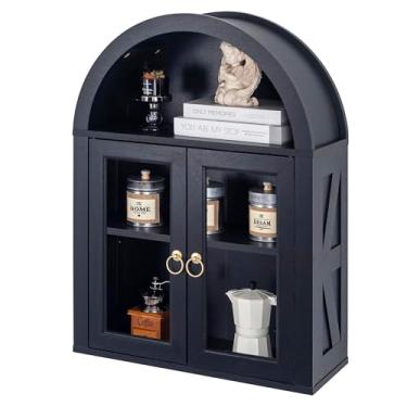 Imagem de TDLEAYYD Armário de parede arqueado com porta de vidro, armário montado na parede, armário de parede de fazenda com prateleiras para sala de estar, banheiro, cozinha (preto)