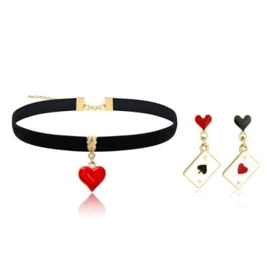 Imagem de LANWLOSI Conjunto de brincos de colar Rainha de Copas para mulheres, coração vermelho, gargantilha preta, brincos delicados de cartas de baralho coração vermelho Ace Poker Card Earrings Queen of