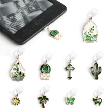 Imagem de YOPPIX 9 peças de pingentes para Kindle, pingente de plugue de poeira de cacto verde compatível com porta de carregamento tipo C, presente para amantes de livros, leitores, homens, mulheres