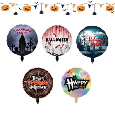 Imagem de 5 conjuntos de balões assustadores de Halloween 45,7 cm Happy Halloween Foil Mylar balões assustadores fantasma cemitério aranha castelo decorações infláveis para festa rave aniversário ornamentos de